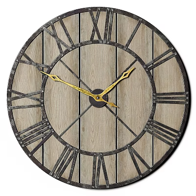Vintage Wooden Wall Clock with Metal Frame Roman Numerals and Gold Hands 3d model