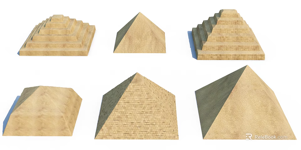 Six Different Pyramid Tower Structures With Various Stone Step Designs 3d model 
