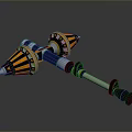 Twin Pointed Metal Weapon With Orange Black Accents And Mechanical Components