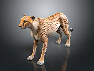 Realistic Cheetah 3D Model With Spotted Fur Standing On Black Reflective Surface 3d model