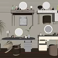 Modern Dressing Table with Round Mirrors Potted Plant and Storage Cabinets 3d model