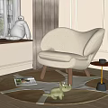 Cozy Fluffy Lounge Chair With Wooden Legs Near Window And Round Rug With Magazine