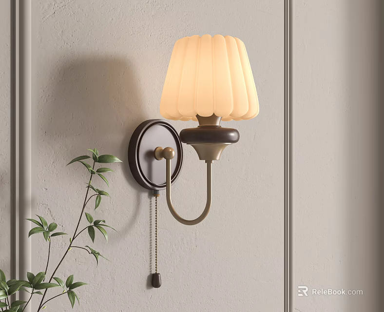 Pleated Cream Wall Lamp On Light Gray Wall With Green Plant 3d model 
