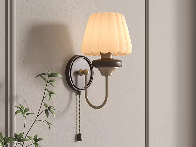 Pleated Cream Wall Lamp On Light Gray Wall With Green Plant 3d model