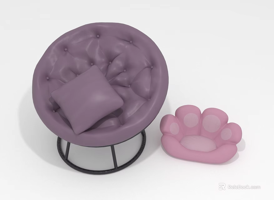 Purple Round Button Tufted Single Sofa With Black Metal Frame And Pink Cat Paw Cushion 3d model 