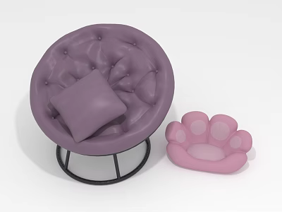 Purple Round Button Tufted Single Sofa With Black Metal Frame And Pink Cat Paw Cushion 3d model