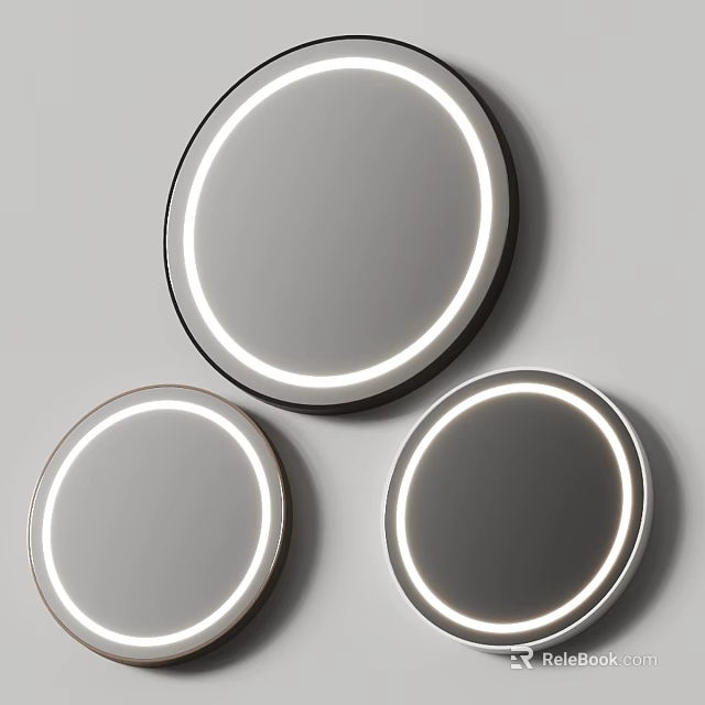 Three Modern Round Mirrors With LED Light Frames Mounted On Gray Wall 3d model 