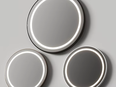 Three Modern Round Mirrors With LED Light Frames Mounted On Gray Wall 3d model
