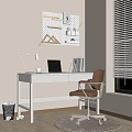 Modern Home Office Workspace With White Desk Laptop Desk Lamp Chair And Window Blinds