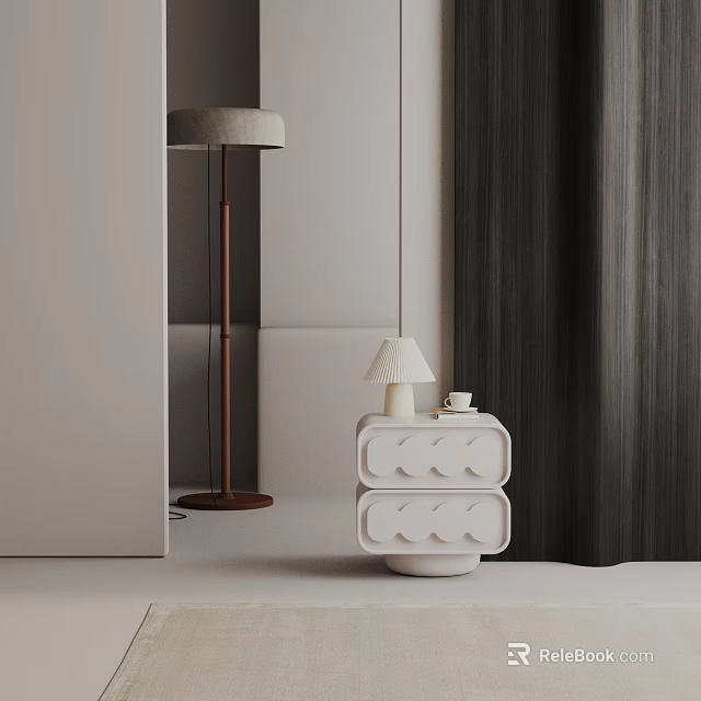 Modern Minimalist White Side Table With Wavy Drawer Design And Table Lamp Plus Coffee Cup 3d model 