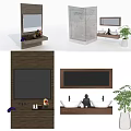 Modern Bathroom Vanity With Double Sinks Wooden Countertop Mirror And Potted Plant