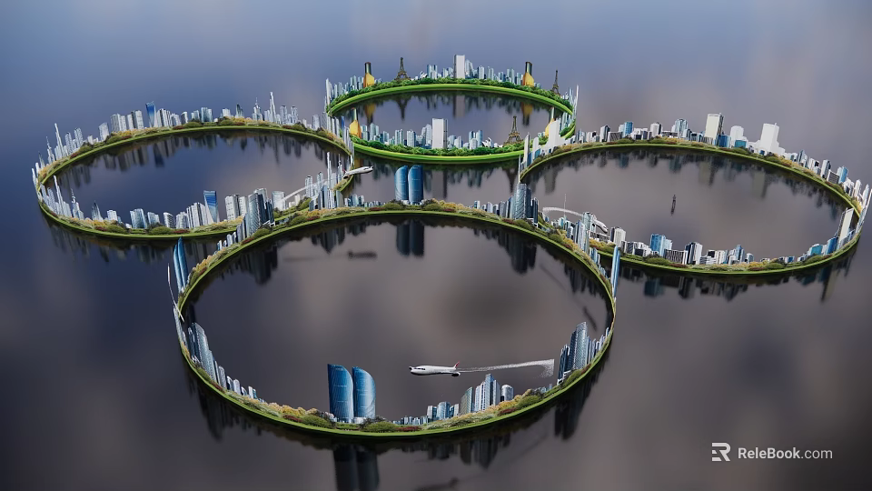 Futuristic City Background Wall With Circular Skyscrapers Water Reflection And Boat 3d model 
