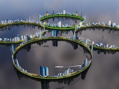 Futuristic City Background Wall With Circular Skyscrapers Water Reflection And Boat 3d model