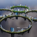 Futuristic City Background Wall With Circular Skyscrapers Water Reflection And Boat