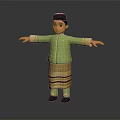 Traditional Outfit Character With Green Shirt Striped Skirt Black Hat And Black Shoes Standing