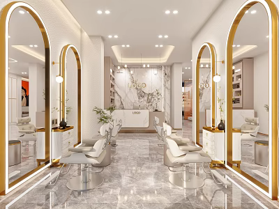 Modern Hair Salon Interior With Arched Mirrors White Chairs And Marble Flooring 3d model