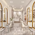 Modern Hair Salon Interior With Arched Mirrors White Chairs And Marble Flooring