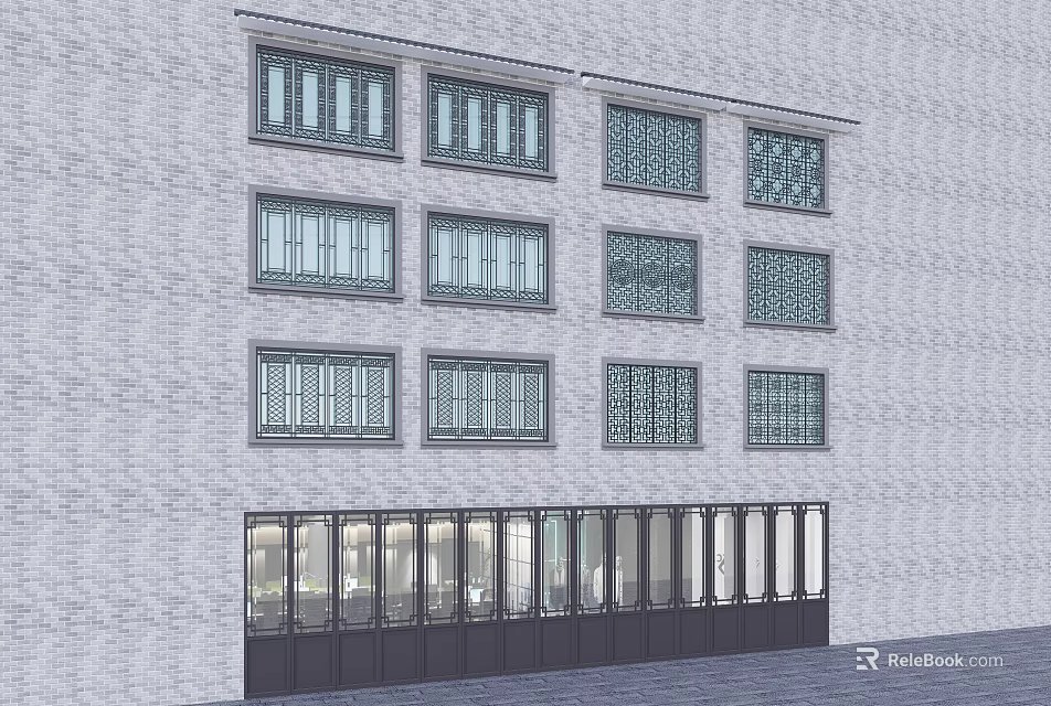 Building Exterior Wall With Multi Storey Grille Windows And Ground Floor Glass Panels 3d model 
