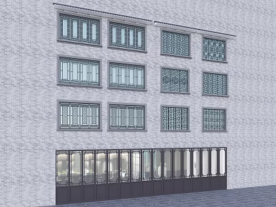Building Exterior Wall With Multi Storey Grille Windows And Ground Floor Glass Panels 3d model