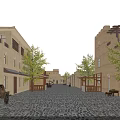 Traditional Commercial Street With Cobblestone Pavement Arched Window Buildings Trees Benches And Tower Structures