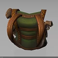 Green Decorative Backpack With Orange Braided Leather Straps Metal Buckles And Intricate Ornamental Details