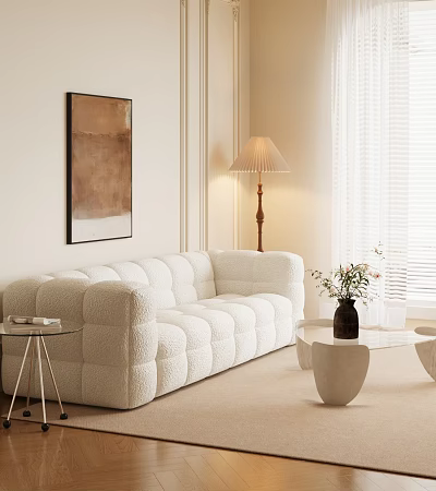 Modern White Fluffy Sofa and Round Coffee Table Set With Abstract Painting and Floor Lamp 3d model