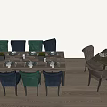 Dining Table Set With Green Black Chairs And Tableware On Wooden Tabletop 3d model