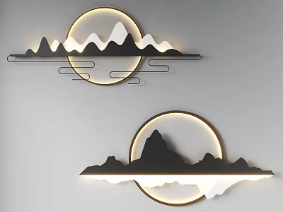 Two Piece Mountain Contour Wall Decor With Circular Illuminated Rings On Gray Wall 3d model