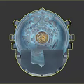 Futuristic Sci Fi Landscape With Blue Transparent Circular Device And Golden Pattern