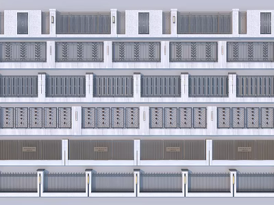 Residential district wrought iron fence sketch railing fence stone grid wall 3d model