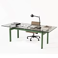 Glass Top Desk With Green Legs Wooden Chair Desk Lamp And Stacked Books