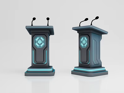 Modern Gray Blue Podiums with Microphones and Geometric Pattern Design 3d model
