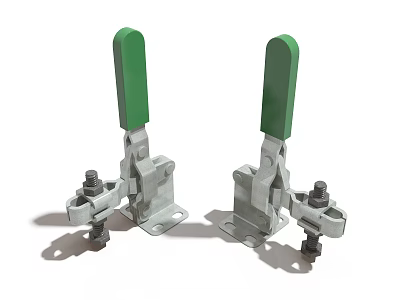 Two Metal Mechanical Clamps With Green Handles And Industrial Fasteners 3d model