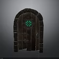 Wooden Arched Door With Stone Frame Green Glass Window And Metal Latch