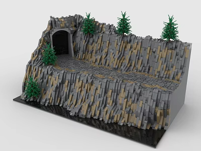 Gray And Brown Building Blocks Mountain Model With Tunnel Entrance And Pine Trees 3d model