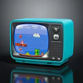 Vintage Blue Television Displaying Classic Game With Green Pipes Clouds And Score Elements On Screen