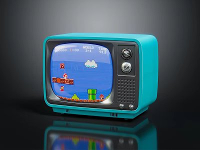 Vintage Blue Television Displaying Classic Game With Green Pipes Clouds And Score Elements On Screen 3d model