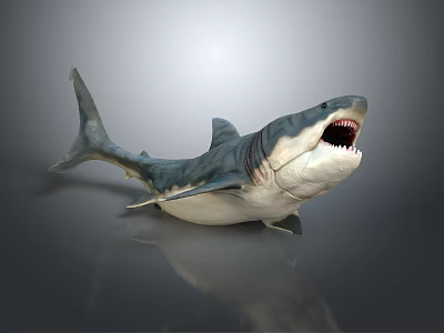 Detailed Shark Model with Open Mouth and Sharp Teeth on Gray Background with Reflection 3d model