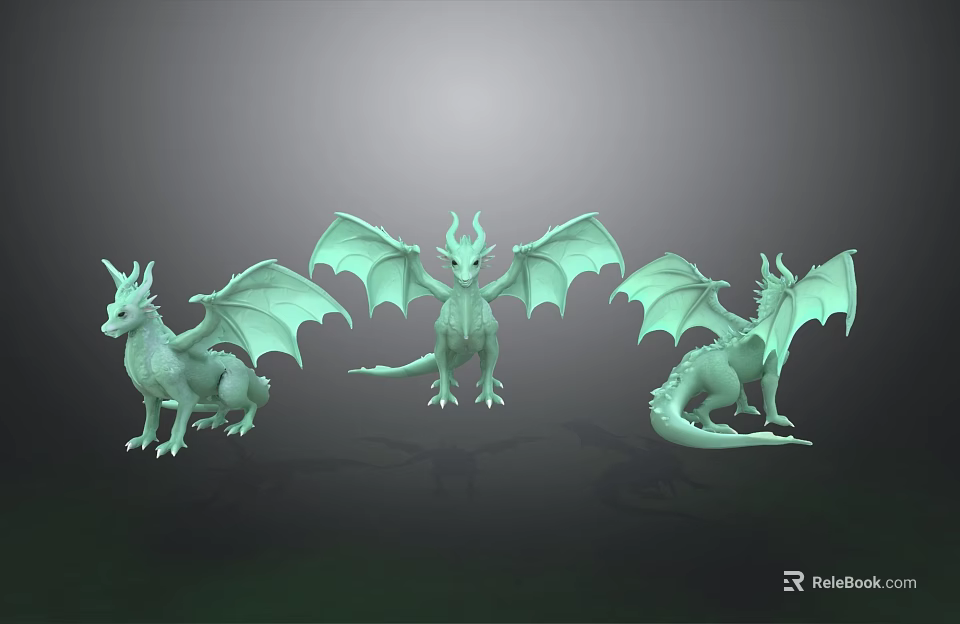 Three Green Winged Flying Dragons 3D Models Showcasing Mythical Creature Features 3d model 