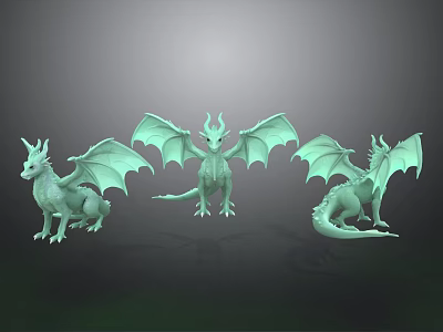 Three Green Winged Flying Dragons 3D Models Showcasing Mythical Creature Features 3d model