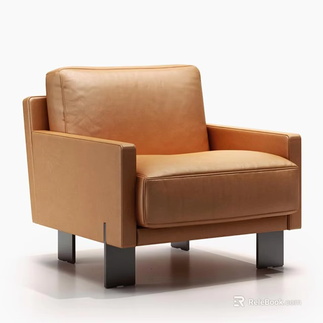 Modern Brown Leather Single Sofa With Square Arms And Metal Legs 3d model