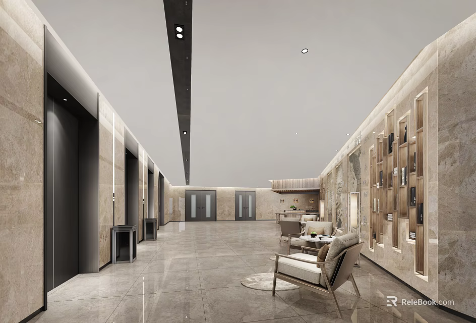 Elegant Modern Elevator Lobby Interior With Marble Flooring Lounge Seating And Decorative Walls 3d model