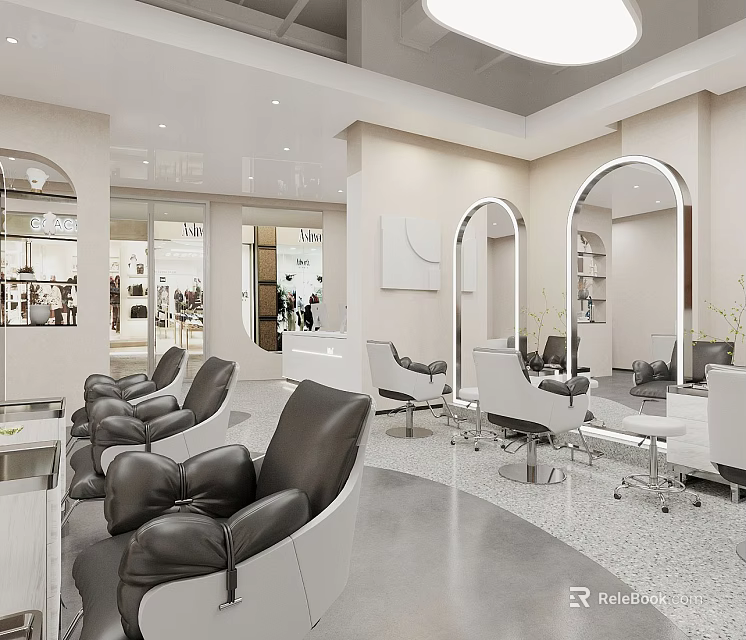 Elegant Modern Hair Salon Interior with Black Leather Chairs Arched Mirrors and Styling Equipment 3d model 