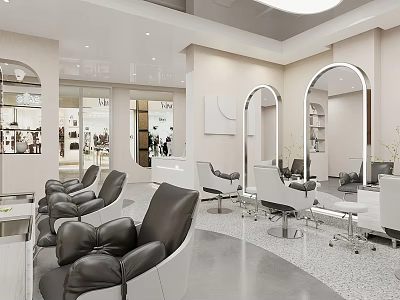 Elegant Modern Hair Salon Interior with Black Leather Chairs Arched Mirrors and Styling Equipment 3d model