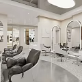 Elegant Modern Hair Salon Interior with Black Leather Chairs Arched Mirrors and Styling Equipment