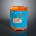 Rusty Blue Bucket With Orange Rim And White Peeling Paint On Dark Surface