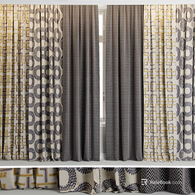Stylish Curtains With Geometric Patterns And Neutral Tones For Home Interior Design 3d model 