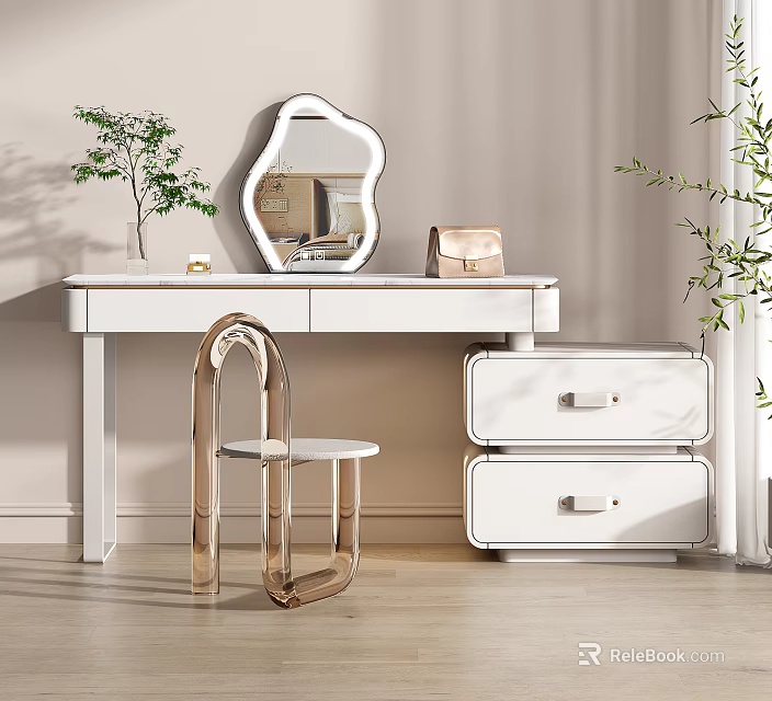 Modern White Dressing Table With Petal Shaped Mirror Drawers Green Plant And Transparent Chair 3d model 
