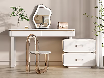 Modern White Dressing Table With Petal Shaped Mirror Drawers Green Plant And Transparent Chair 3d model