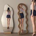 Wavy Irregular Shape Full Length Mirror Woman Checking Look On Indoor Wooden Floor